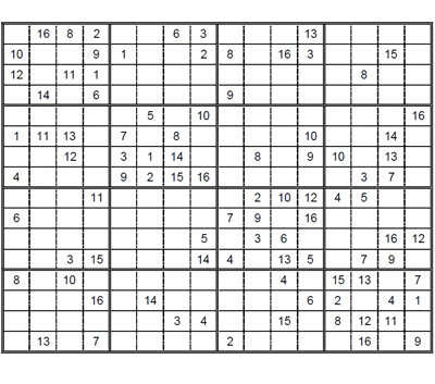 Sudoku 16 x 16 dificil. Puzzle 1
